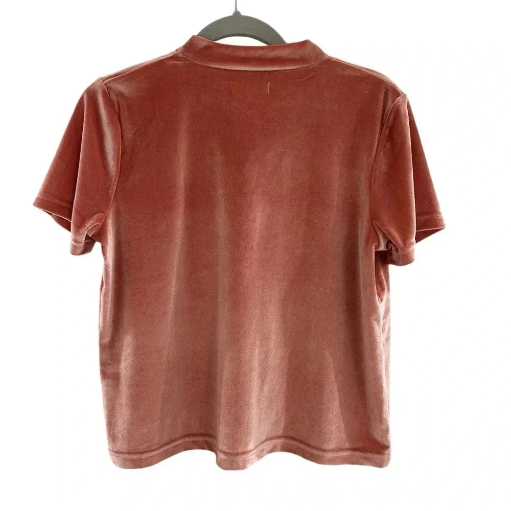 Madewell Velvet Tie Neck Top Dried Coral Short Sleeve Women’s Size Medium EUC - Picture 5 of 7